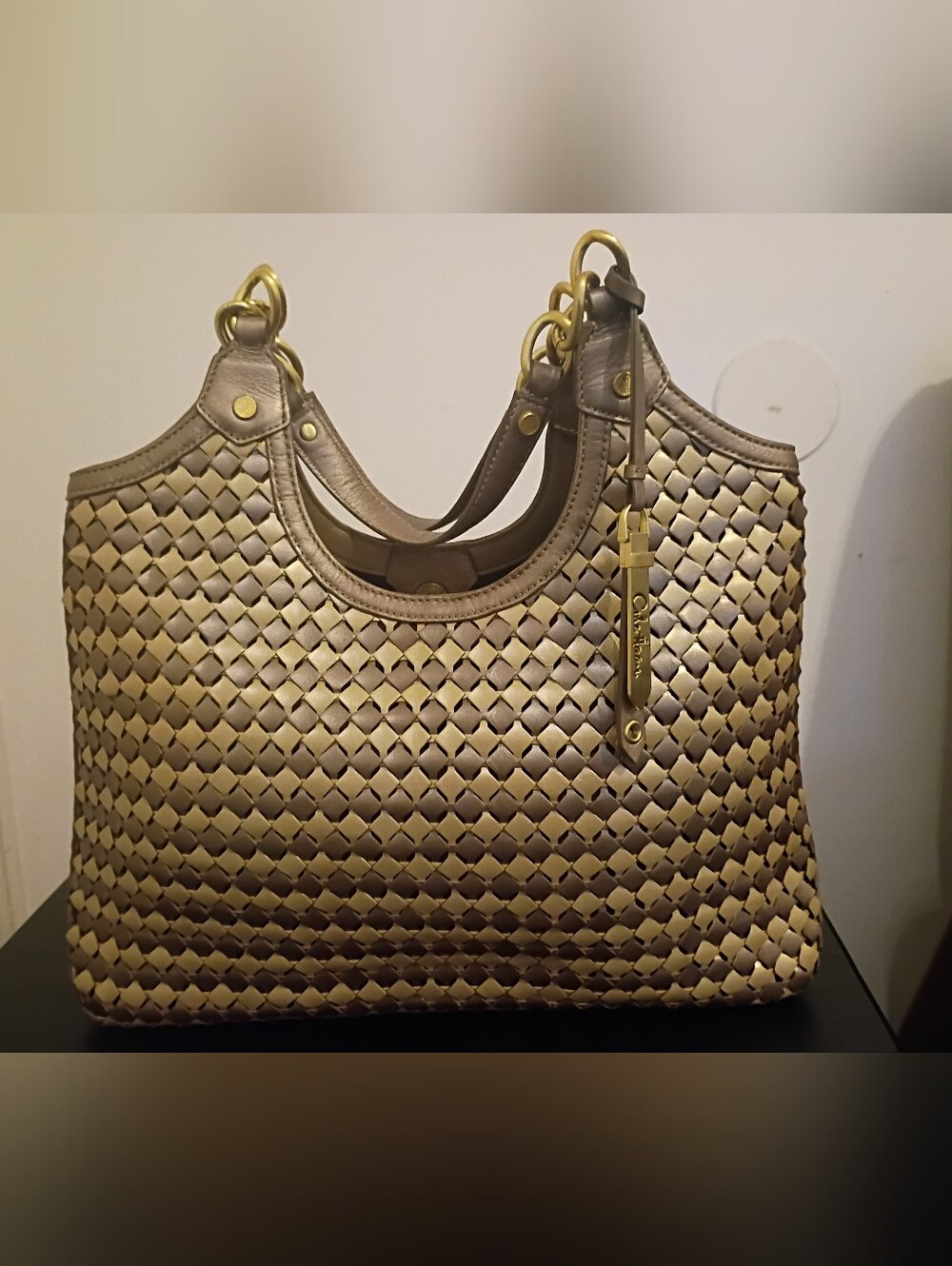 Cole Haan Woven Leather Gold And Brown Shoulder Bag